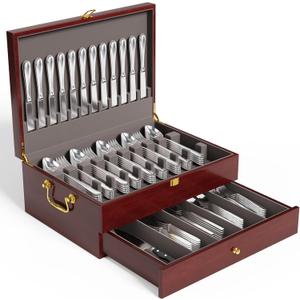 Gernshe Mahogany Wood Silverware Storage Box, Silverware Case Flatware Chest with Felt Lined, Flatware Storage Box for 12 sets of Utensils (Walnut, 2 Tier）