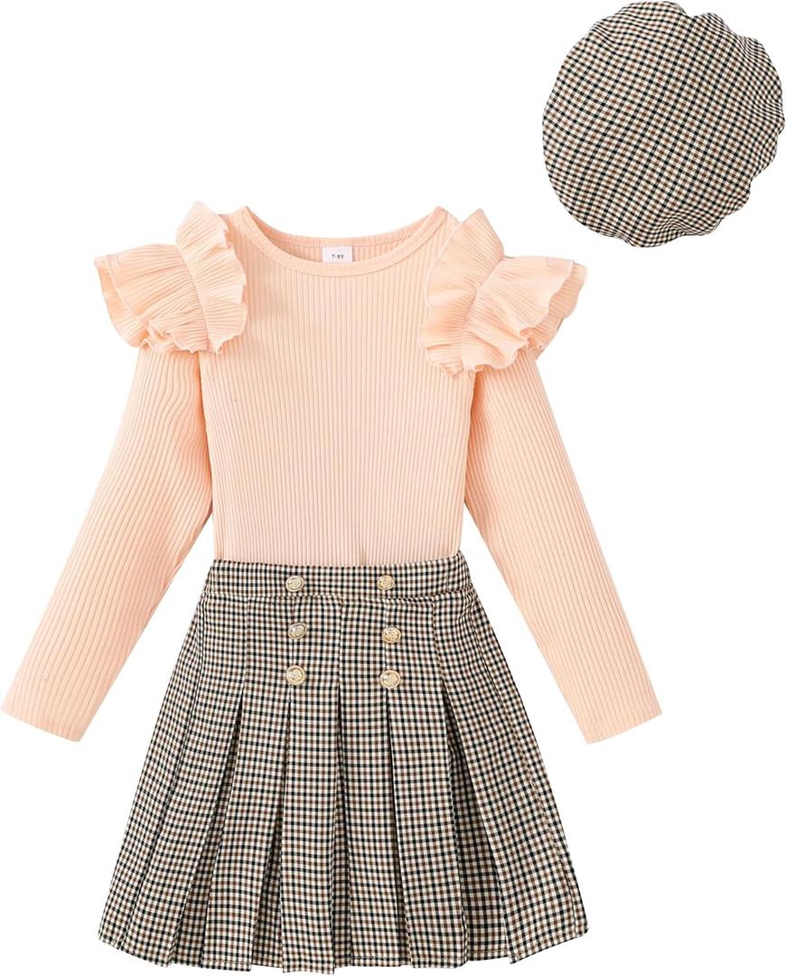 Girls Teen Clothes, Fall Winter Outfits Long Sleeve Ruffle Sleeve Top and Pleated Plaid Mini Skirt Set Size 7-14Y (Pink)