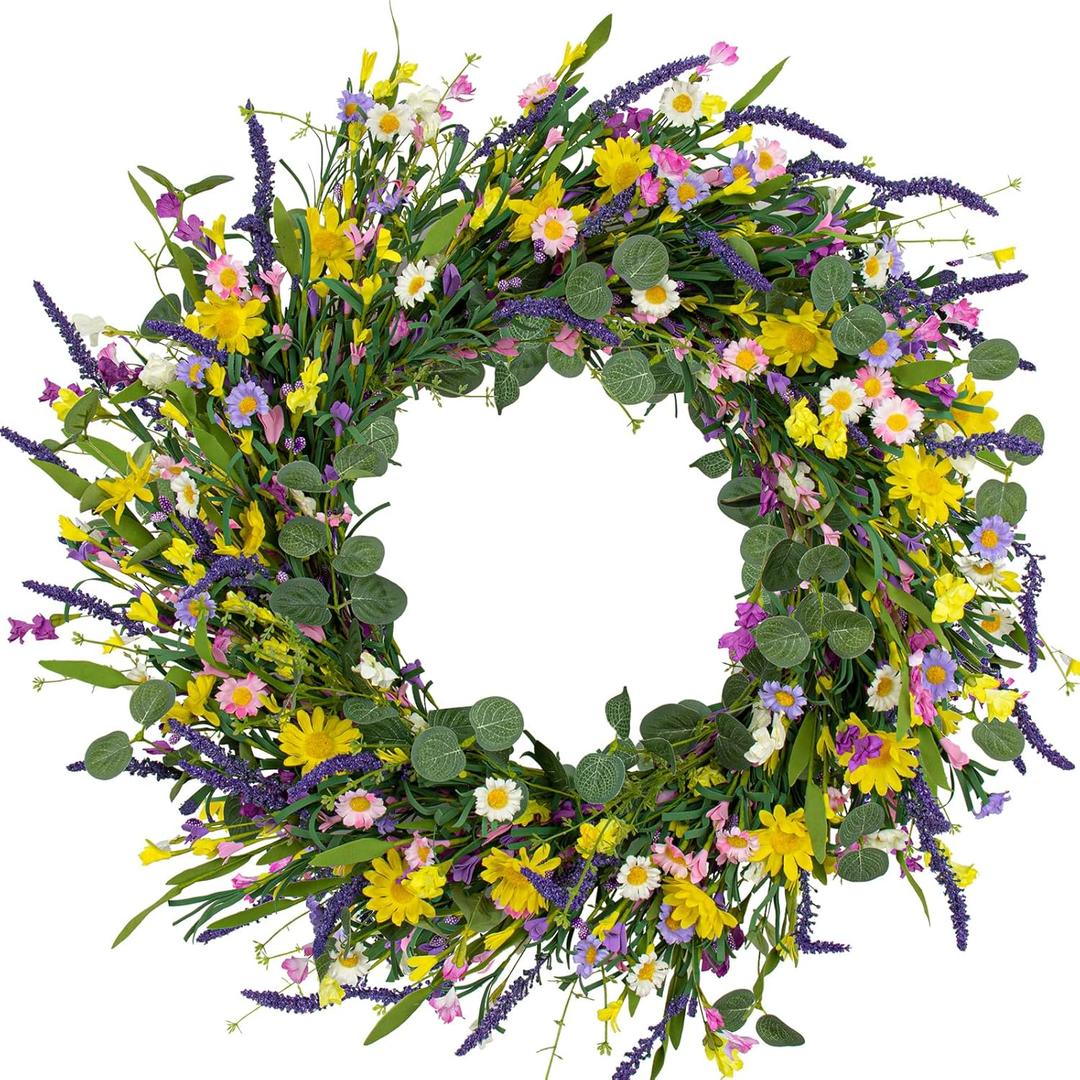 J'FLORU Large Spring Wreaths for Front Door 28 Inch Artificial Spring Wreath Summer Flower Wreath with Daisy and Lavender for Indoor Outdoor Wall Window and Easter Celebration (28in, Multicolor)