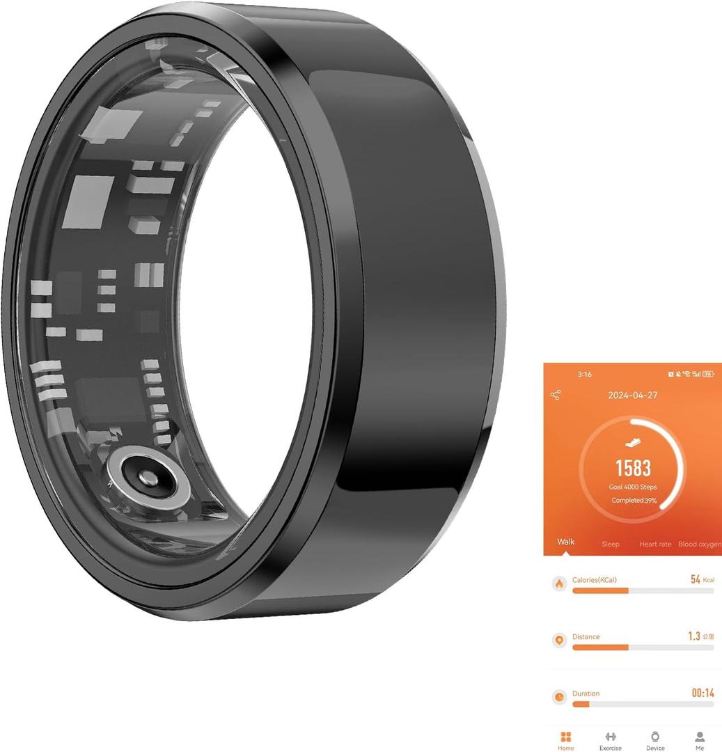 Fitness Tracker Smart Ring,Step Counter,Heart Rate Blood Oxygen Sleep Tracker Health Ring, 5ATM Waterproof Long Battery Life Smart Rings Compatible with iOS & Android (Black, US 7)