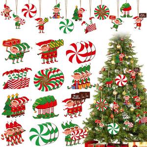 36 Pcs Elf Christmas Tree Ornaments Set Wooden Candy Christmas Decoration Elf Tree Ornaments Elves Hanging Charms Peppermint Wood Decorations