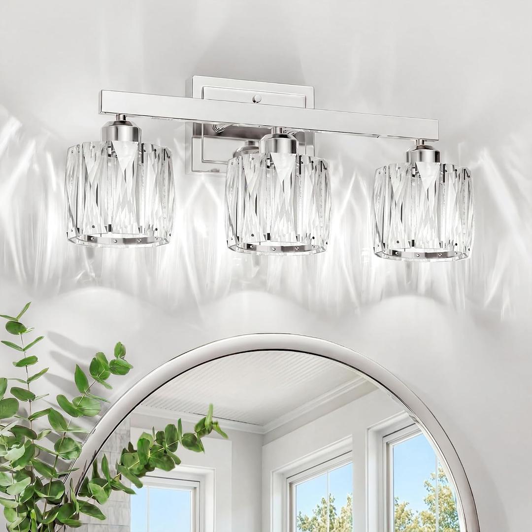 VOLISUN Crystal Vanity Lights for Bathroom, 3 Light Bathroom Vanity Light, Modern Stainless Steel Bathrooms Lights Over Mirror, Chrome Bathrooms Lights Fixtures-UL Certificated(Exclude Bulb)