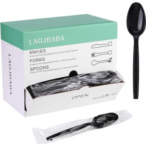 Plastic Spoons Disposable Individually Packaged Spoons Black 7-Inch Commercial Take Away,Super Hard Mass Heavy Individually Wrapped 100 PCS