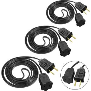 3 Pack Black Extension Cord 6 Feet Waterproof, 2 Prong Extension Cords with 2 Pole Brass Straight Blades Polarized Plug Short Extension Cords, for Connect/ Extend String Light Indoor Outdoor (18Ft)