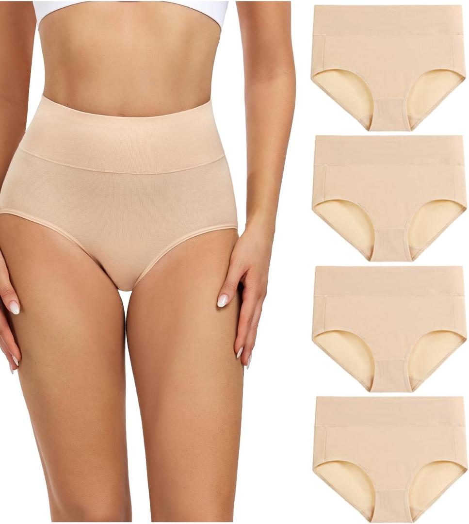 wirarpa Women's Cotton Underwear High Waisted Ladies Panties Full Coverage Briefs 4 Pack (Regular & Plus Size) (Beige - Set 17)