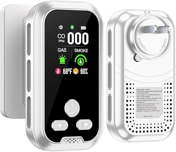 Gedsffati 5in1 Plug in Carbon Monoxide Detector 2 Piece Set &Smoke & Combustible Natural Gas Detectors Combination Builti-in Backup Battery HD Screen [Smoke CO Gas Temp Humidity Sensor] for Home Travel (White)