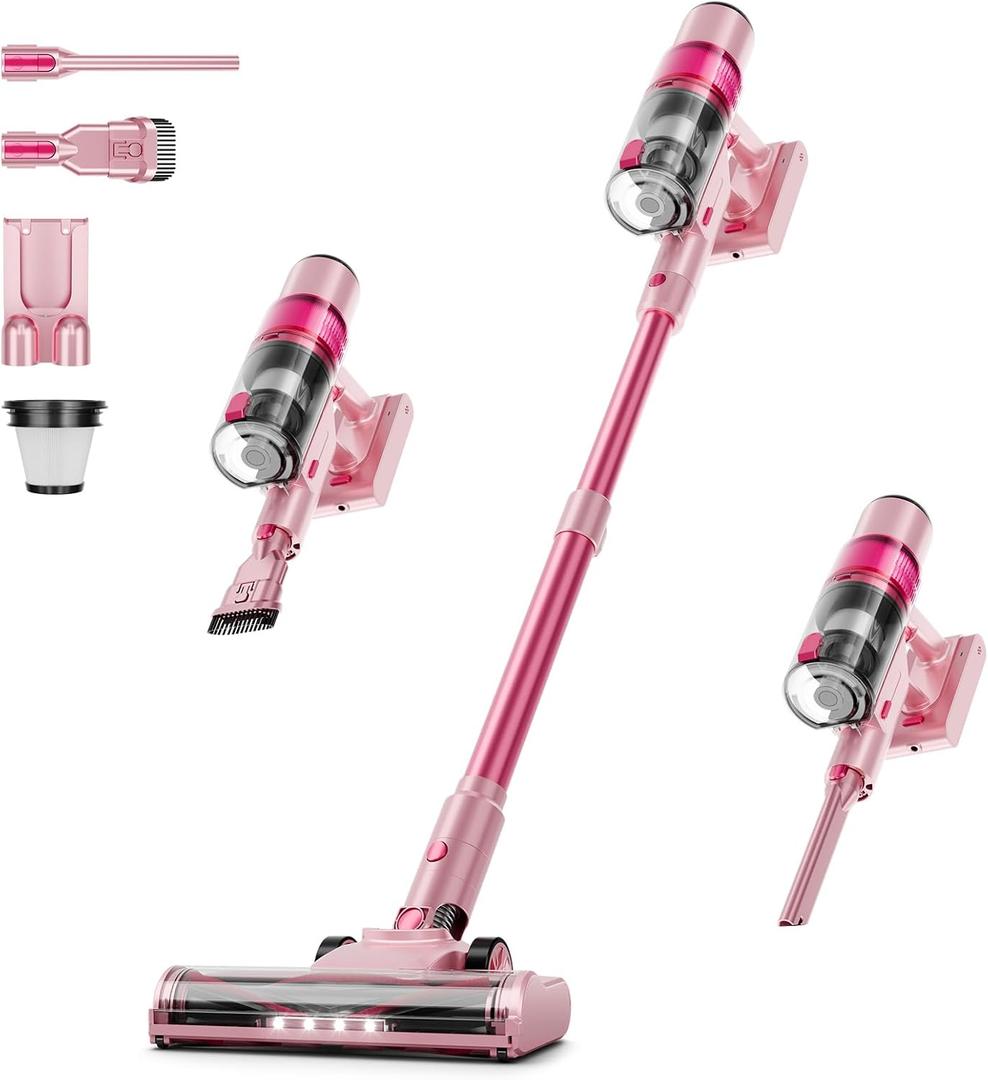 Cordless Vacuum Cleaner: Portable 6-in-1 Stick Vacuum with Anti-Tangle Brush, LED Headlight, Self-Standing, HD Display, Rechargeable Vacuum for Pet Hair, Low-Pile Carpet and Hardwood Floor-Dark Pink