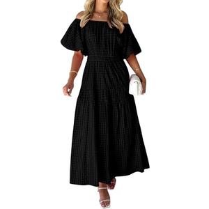 MASCOMODA Off The Shoulder Flowy Maxi Dress for Women 2024 Summer Casual Puff Short Sleeve Smocked Ruffle Beach Long Dresses Small