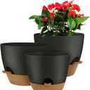 UUBEMM Self Watering Planters with Drainage Holes, Set of 3 Plastic Plant Pots with Deep Reservoir for Indoor Outdoor Garden Flowers Plants, 10+9+8 Inch (Black)