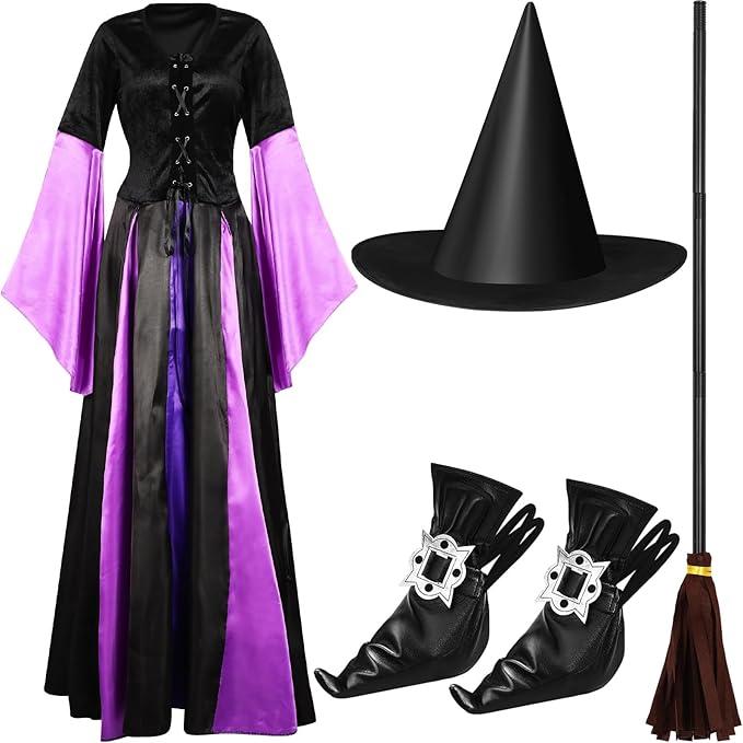 Liitrsh Women Witch Costume Set Sorceress Classic Dress with Witch Hat, Broom,shoe Covers Halloween Dress up, M