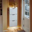 SoBuy Wall Mounted Shoe Cabinet with Motion Sensor LED Light | 3 Narrow Flip Drawers Shoe Storage Organizer with Hooks & Open Shelves for Entryway, White
