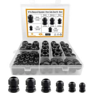 Cable Gland Waterproof,LISTENJIALE 50 pcs Adjustable 3-16mm Waterproof Cable Connectors PG7 PG9 PG11 PG13.5 PG16 PG19 Plastic Cable Gland Joints with Gaskets in PP Box(Black)