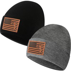 Chicingyou 2 Pcs Fishing Beanie for Men American Flag Hunting Cuffed Skull Cap Gifts for Dad Husband Grandpa, One Size