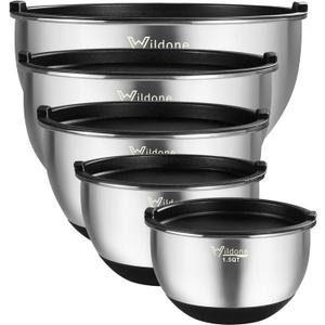 Wildone Mixing Bowls with Airtight Lids, Stainless Steel Nesting Mixing Bowls Set of 5, with Non-slip Silicone Bottoms, Size 8, 5, 3, 2, 1.5 QT, Stackable Design, Great for Mixing and Prepping