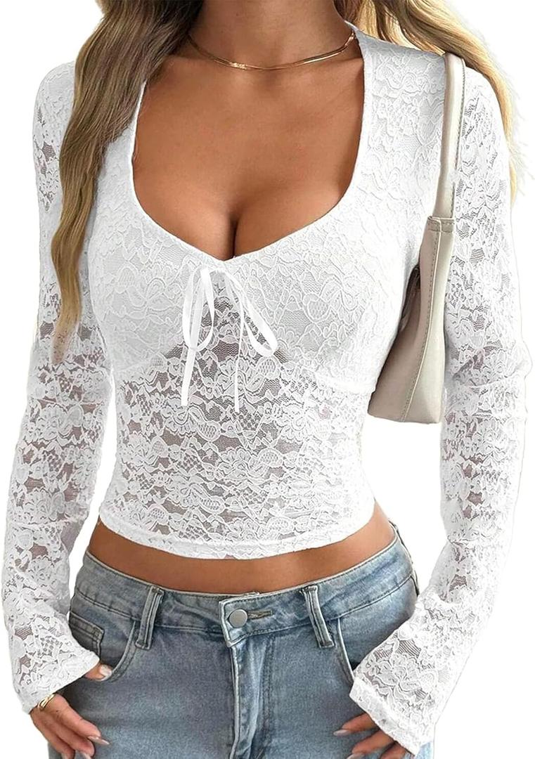 Womens Long Sleeve Going Out Tops Lace V Neck Mesh Crop Shirts Sexy Cute Y2K Fall Trendy Outfits 2025 (Small, White)