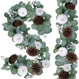Winlyn 2 Pack White Pumpkin Garland with Eucalyptus Pinecones Berries Fall Foliage for Wedding Arch Thanksgiving Table Farmhouse Decor