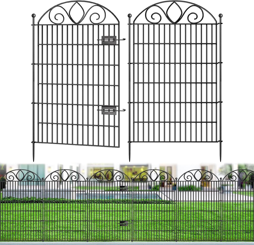 10 Panels No Dig Tall Garden Fence with Gate – 44" H X 23.6' L Rustproof Metal Dog Fence Outdoor for Yard, Decorative Animal Barrier Fence for Pet, Garden Border, Patio, Flower | Temporary Fencing