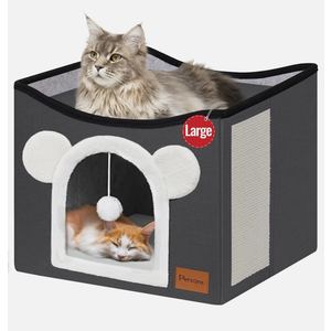 Persure Cat House Cat Beds for Indoor Cats Large Foldable Multifunction Cat Cave for Pet with Hover Ball and Scratching Board (Dark Grey, Large Cat House)