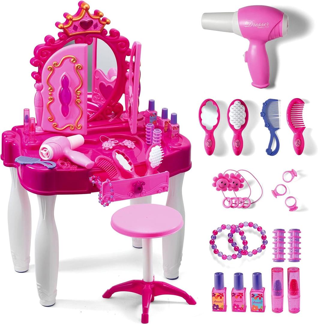 Play22 Pretend Play Girls Vanity Set with Mirror and Stool 21 PCS - Kids Makeup Vanity Table Set with Lights and Sounds - Includes Fashion Hair & Makeup Accessories