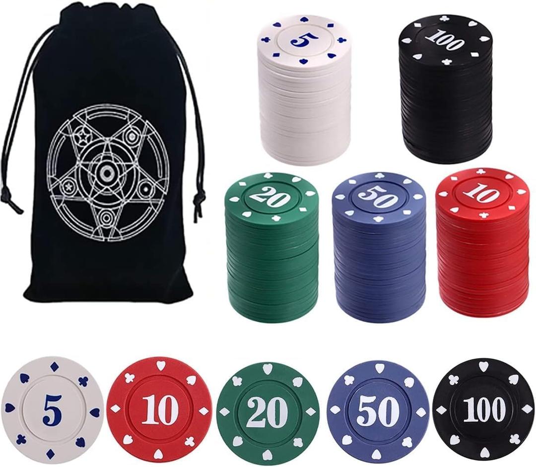 IXIGER Poker Chips,Denomination Poker Chips Set with Black Velvet Pouch Bag,Plastic Game Chips,Game Night Party Supplies(100pcs)