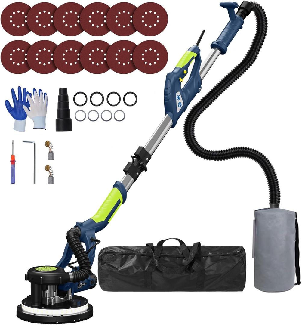 Drywall Sander, 2025 Upgraded 8-Amp Popcorn Ceiling Removal Tool with 7 Variable Speed 800-1800RPM, Drywall Sander with Vacuum Dust Collector with Extendable Handle, LED Light,12pcs Sanding Discs,Blue
