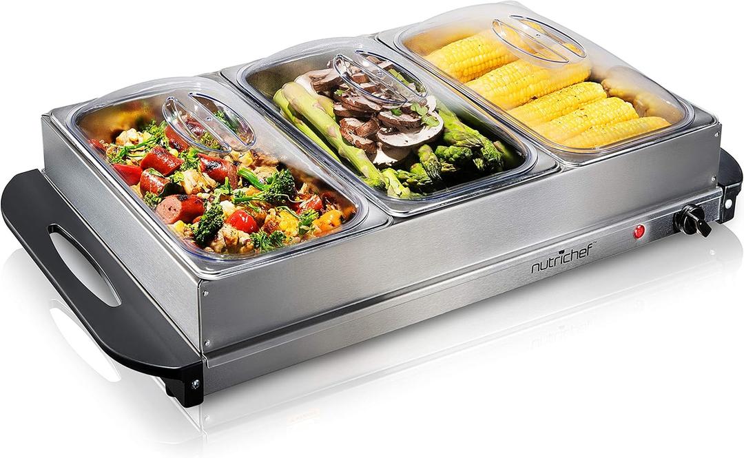 Nutrichef Professional Stainless Steel Buffet Warmer Server with 3 Trays | Portable Hot Plate Food Warmer Station for Parties & Events | Easy to Clean | 3 See-through lids | Max Temperature 175F