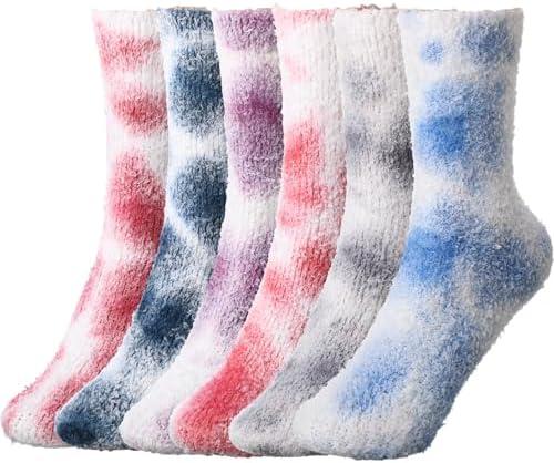 Geyoga 6 Pairs Tie Dye Soft Fluffy Fuzzy Socks for Women Cozy Winter Warm Valentine's Day Gifts No-shedding Slipper Plush Sleeping Sock Adult