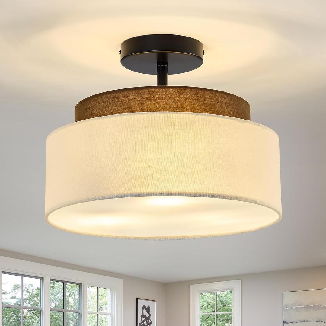 13" Double Drum 3-Light Semi Flush Mount Ceiling Light Fixture Farmhouse Fabric Chandelier with Linen Shade Rustic Black Ceiling Lamp for Bedroom Kitchen Dining Room Hallway Entryway