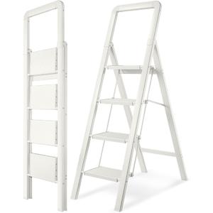 Step Ladder 4-Step White Finish Aluminum Folding Step Ladders,Anti-Slip Max 330 lbs