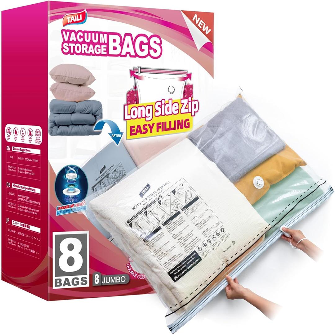 TAILI 8 Pack Vacuum Storage Bags, LONG SIDE ZIP (39x28 inch) Vacuum Seal Bags for Clothing, Jumbo Storage Space Saver for Beddings, Comforters, Blanket, Pillows and Clothes (Clear)