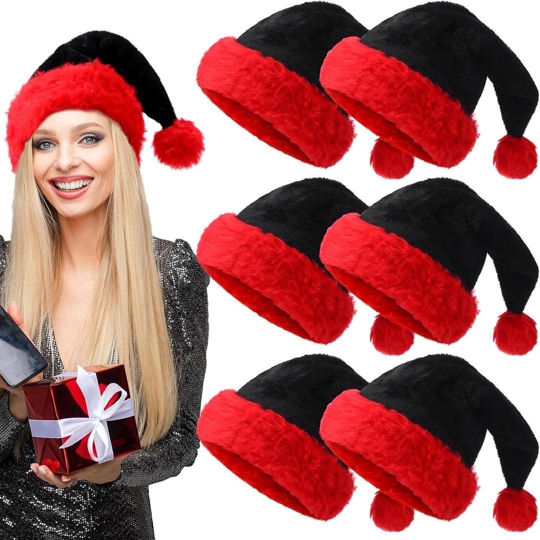 6 Pieces Christmas Santa Hat Goth Elf Christmas Plush Velvet Hat Black Red for Goth Costume