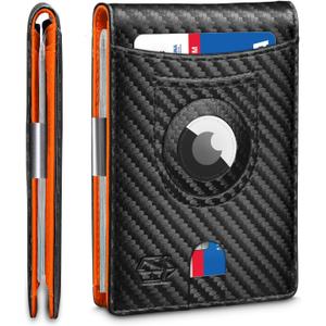 Zitahli Men's Wallets Airtag Holder Slim Rfid Leather with Gift Box (Carbon Black and Orange)