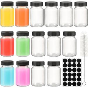 2 oz 15pcs Glass Shot Bottles Black Lids & 24 Labels And Brush-Small Clear Jar for Ginger,Juice, Sample, Whiskey-Travel Essentials Mini Bottles-Wide Mouth, Leakproof,Wellness Shot,Dishwasher Safe (15)