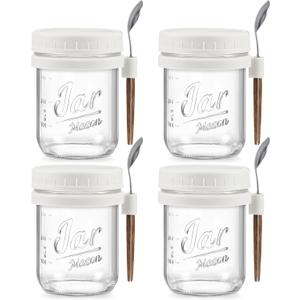 LANDNEOO 4 Pack Overnight Oats Containers with Lids and Spoons, 16 oz Glass Mason Jars with Airtight Lids, Overnight Oats Jars for Milk, Cereal, Fruit-White