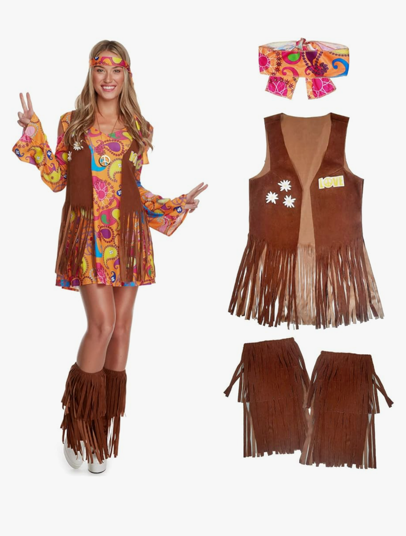 Morph Short Hippie Costume for Women, 70s Women Halloween Costume, Retro Hippie Outfit, Festival Attire M