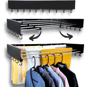 Foldable Wall Mounted Drying Rack - 31.5 Wide, 13.2 Ft Drying Space, 5 Aluminum Rods, Supports Up to 60 lbs - Retractable & Foldable Space-Saving Wall Mounted Clothes Drying Rack (Black)