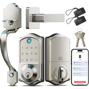 Veise VE017-H Fingerprint Smart Front Door Lock Set, App Control, 8-in-1 Keyless Entry Deadbolt with Zinc Alloy Handles, Emergency Power Port, Touchscreen Keypad, Auto Lock, Easy Install, Satin Nickel