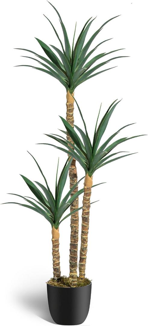 6FT Artificial Tree Faux Agave Plant Indoor, Tall Faux Plant with 3 Heads in Potted Silk Fake Tree for Home Living Rome Office Decor Housewarming Gifts