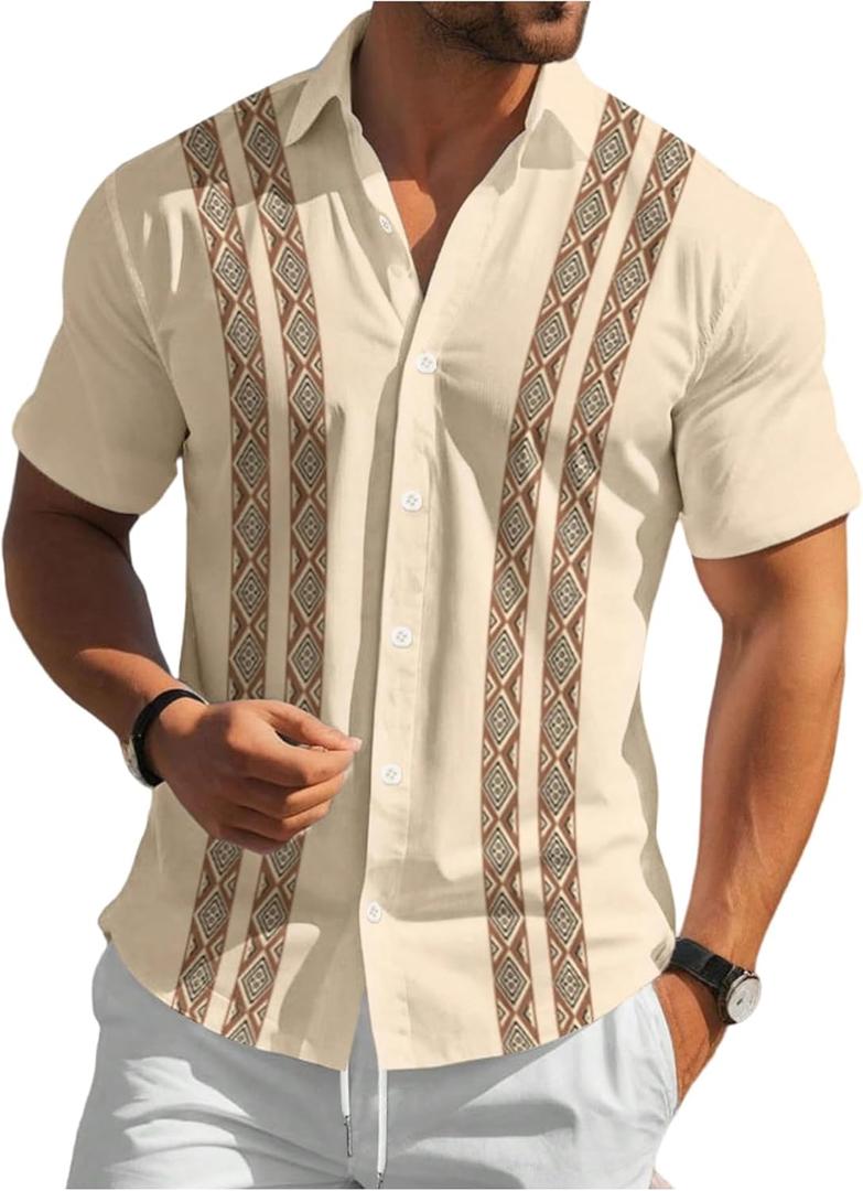 SOLY HUX Men's Button Down Shirt Geometric Print Collared Short Sleeve Casual Summer Shirts (M)