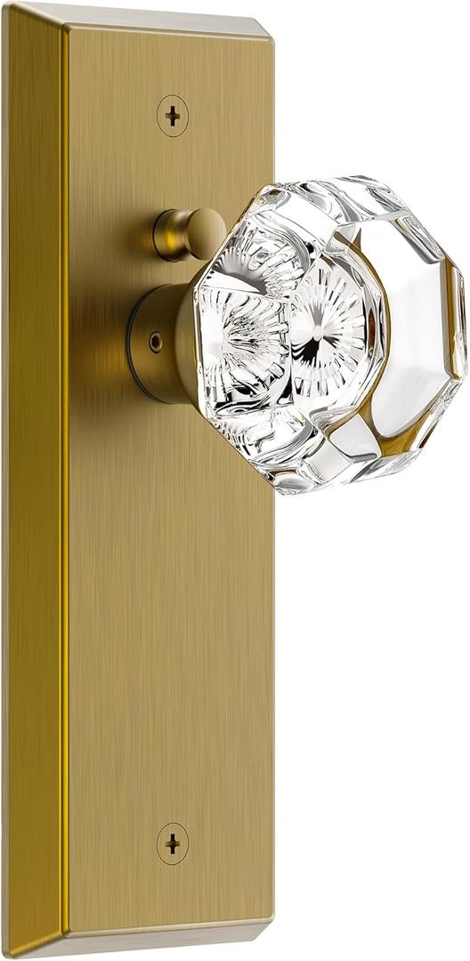 Glass Door Knobs for Interior Doors - Vintage Crystal Privacy Bedroom & Bathroom Door Knob with Lock - Diamond Cut Door Handle - Antique Brass Finish (1 Pack)