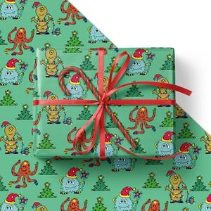 Febbleshow Funny Christmas Wrapping Paper for Boys Girls Kids - Xmas Gift Wrap with Green Monster, Trees, Snowflakes & Presents - 4 Jumbo Sheets, 28" x 40" Each (32 sq. ft ttl), Easy to Store Pack of 2