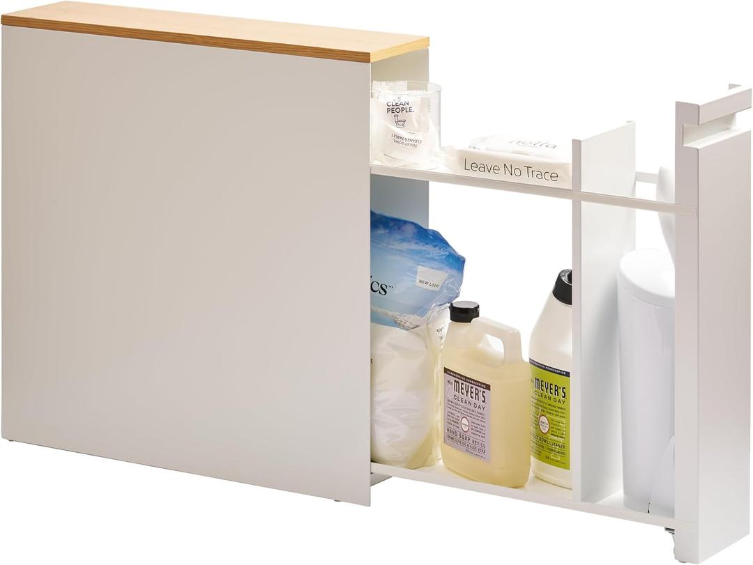 YAMAZAKI Home Pull-Out Bathroom Storage Cabinet – Slim Bathroom Storage Cabinet with Wood Top, Steel Organizer for Toilet Paper and Cleaning Supplies, Modern Space-Saving Design, White - Steel + Wood, One Size