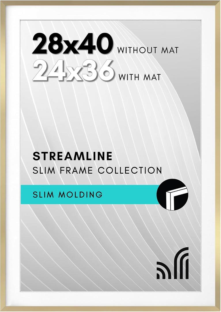 Americanflat 28x40 Poster Frame with Polished Plexiglass - Use as 24x36 Frame with Mat or Display 28x40 Photo Without Mat - Streamline Collection - Thin Border Picture Frames for Wall - Gold