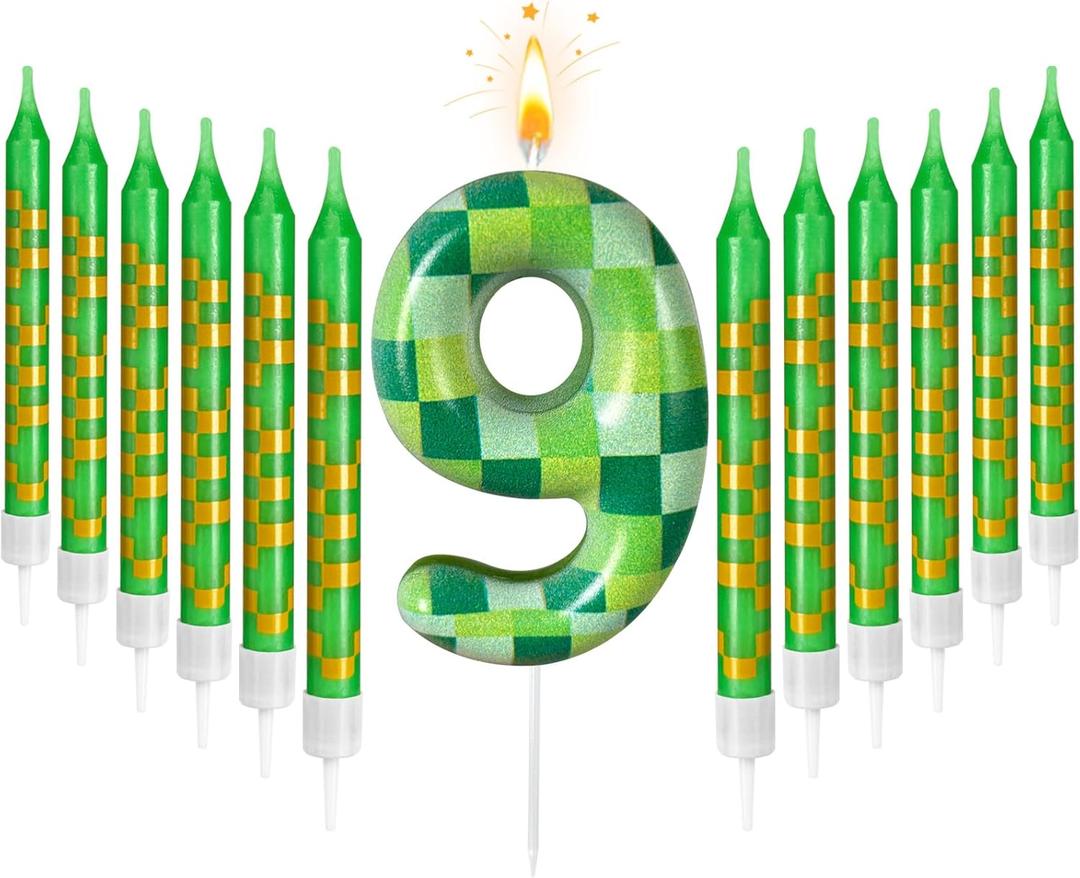 Zlongron 13 Pieces Birthday Cake Candles, Green Pixel Theme Birthday Candles, Suitable for Boys and Girls Birthdays, Gatherings, Parties, Celebrations Good Decoration Supplies (Number 9)