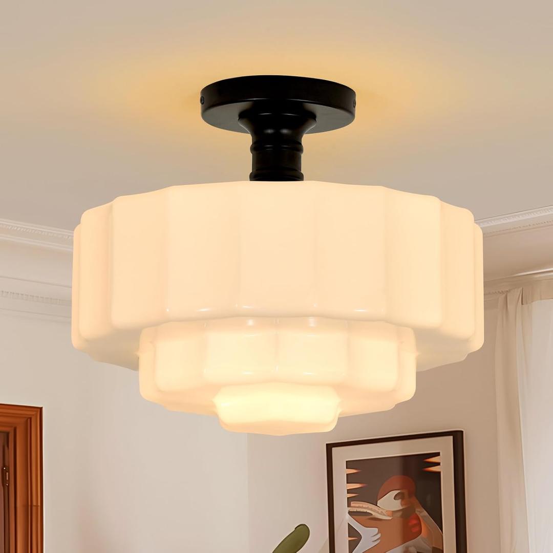 13.8" Milk Glass Ceiling Light, Semi Flush Mount Ceiling Light