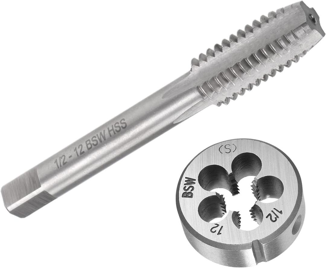 uxcell 1/2-12 BSW Machine Tap and Die Set,Right Hand Thread Tap Round Die 4 Flutes HSS Taper Silver Tone (2Pcs)