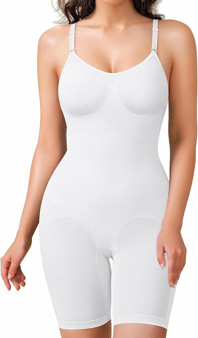 BRABIC Waist Trainer Bodysuit for Women Tummy Control Shapewear Round Neck Seamless Butt Lifter Full Body Shaper (Small, White Mid Thigh)