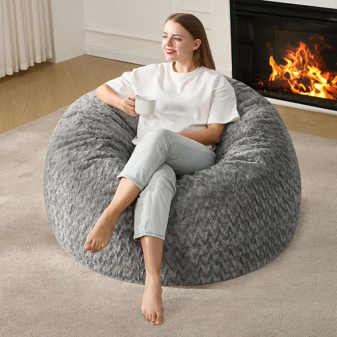 Hobestluk 3ft Bean Bag Chairs for Adults Large Beanbag Chair with Chevron Plush Fur Cover Big Bean Bag Chair for Living Room Bedroom Dorm Office - Grey (36 x 36 x 22)