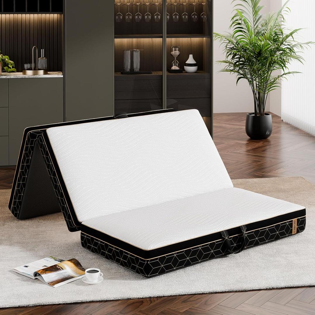 Tri-Fold Memory Foam Mattress Full - 6 Inch Portable Folding Mattress with Handle & Washable Cover, Floor Bed with Non-Slip Base, Space-Saving for Room, Travel, Guest Bed, Yoga, RV, 73"x52"x6"