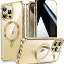 [CD Metal Ring Stand + Built-in Privacy Screen Protector] Magnetic Case for iPhone 15 Pro 6.1" [Soft Bumper Full Signal] [Compatible with MagSafe] 9H Glass Full Body Shockproof Clear Case, Gold
